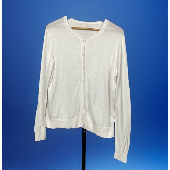 A New Day Sweater Cardigan Long Sleeve Button Up White Cotton Large Twee Classic - Picture 2 of 4